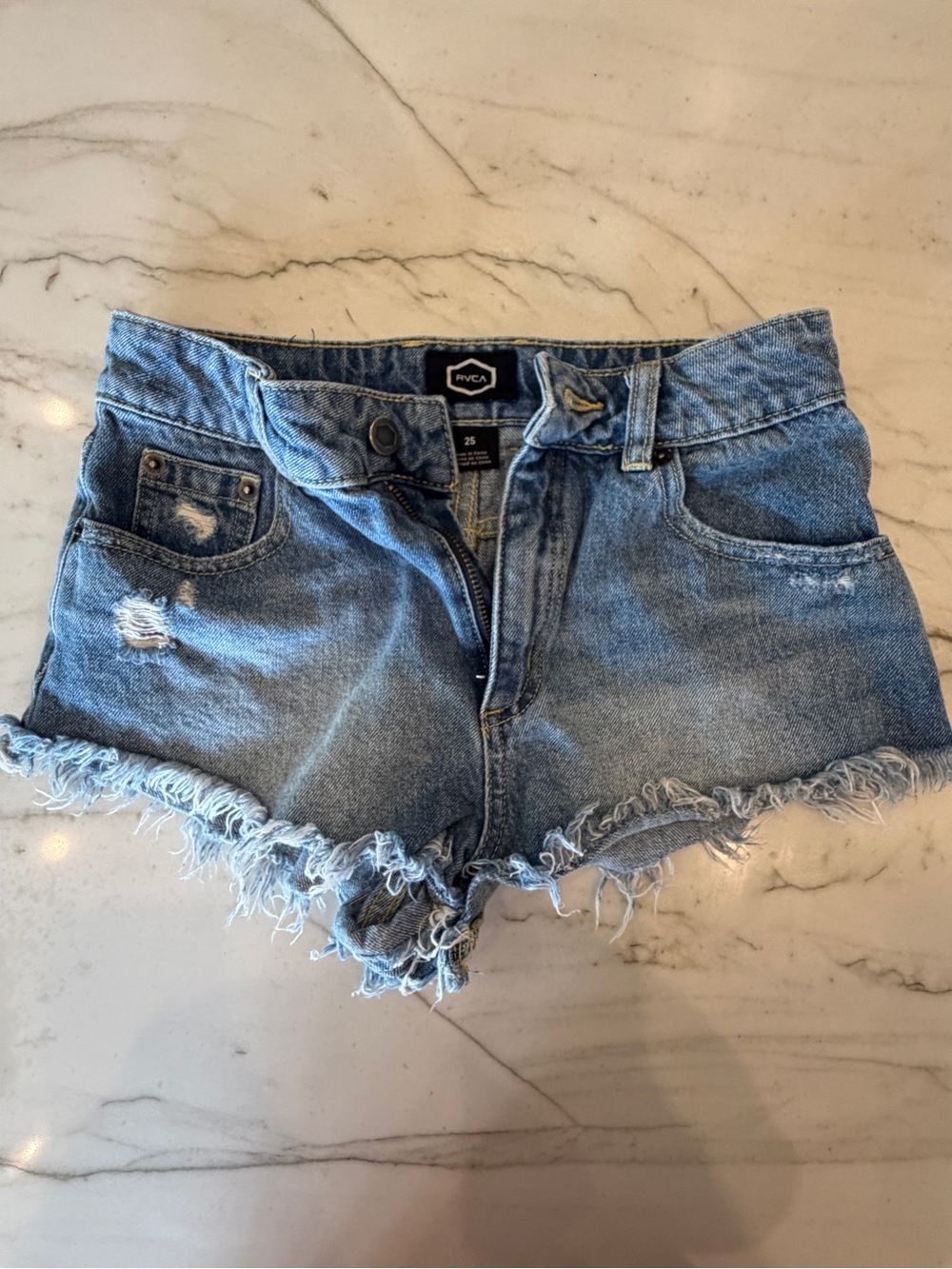 RVCA Women's Light Blue Frayed Denim Cutoff Shorts